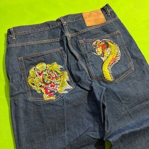 Y2K Ed Hardy Christian Audigier Men Embroidered Cobra Foo Dog Jeans Dark Wash 40